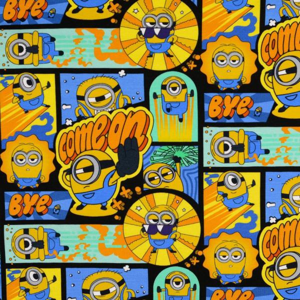 50 cm Reststück Jersey bedruckt - Minions in Patchworkoptik Blau-Türkis Töne